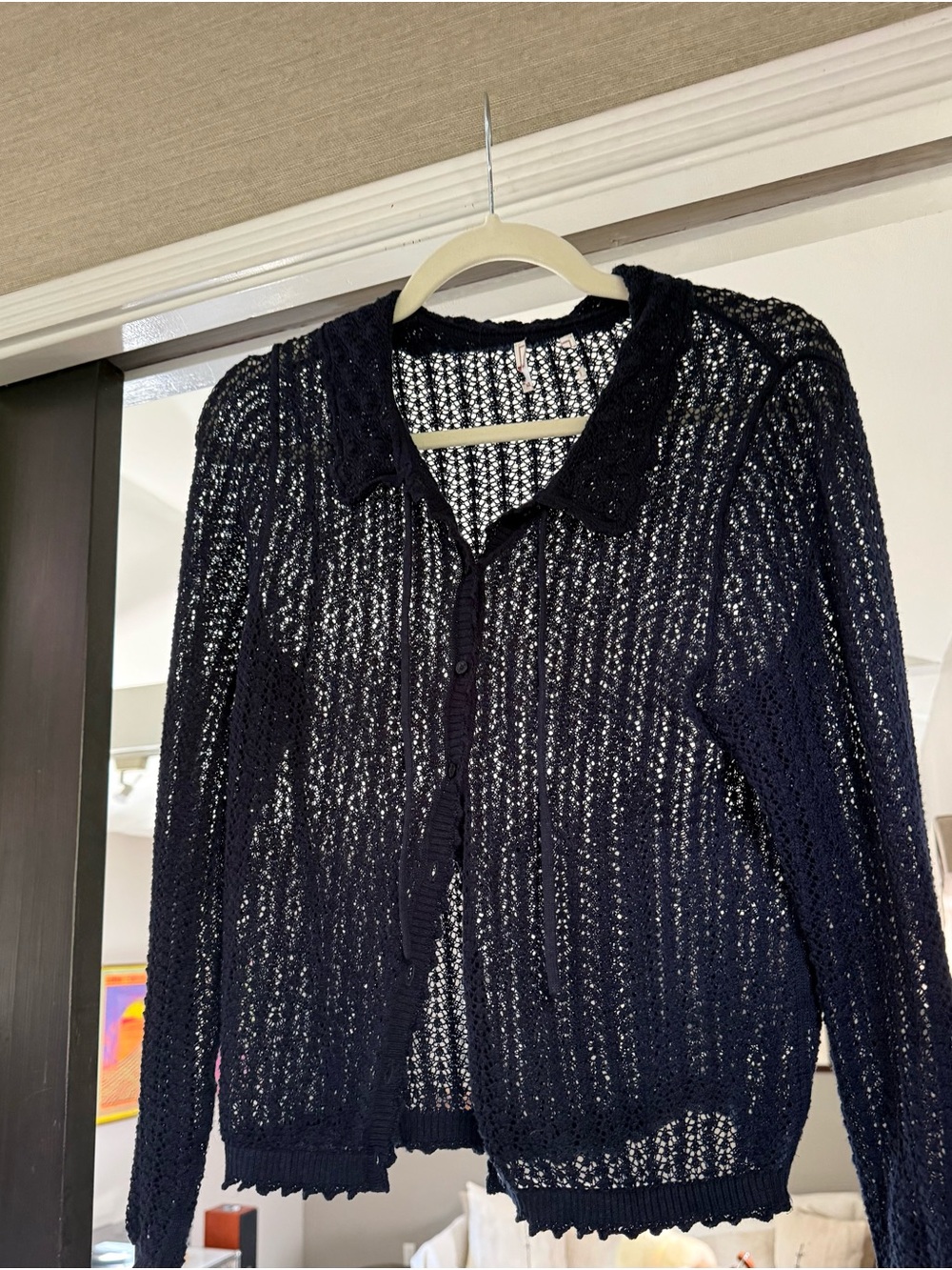 Gap x Doen navy linen blend pointelle cardigan - Picture 2 of 7